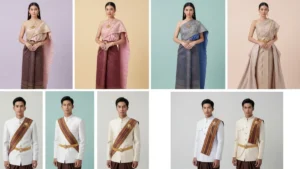 Composite image showcasing Gemini AI Thai fashion prompts with traditional and modern Thai dress styles for men and women.