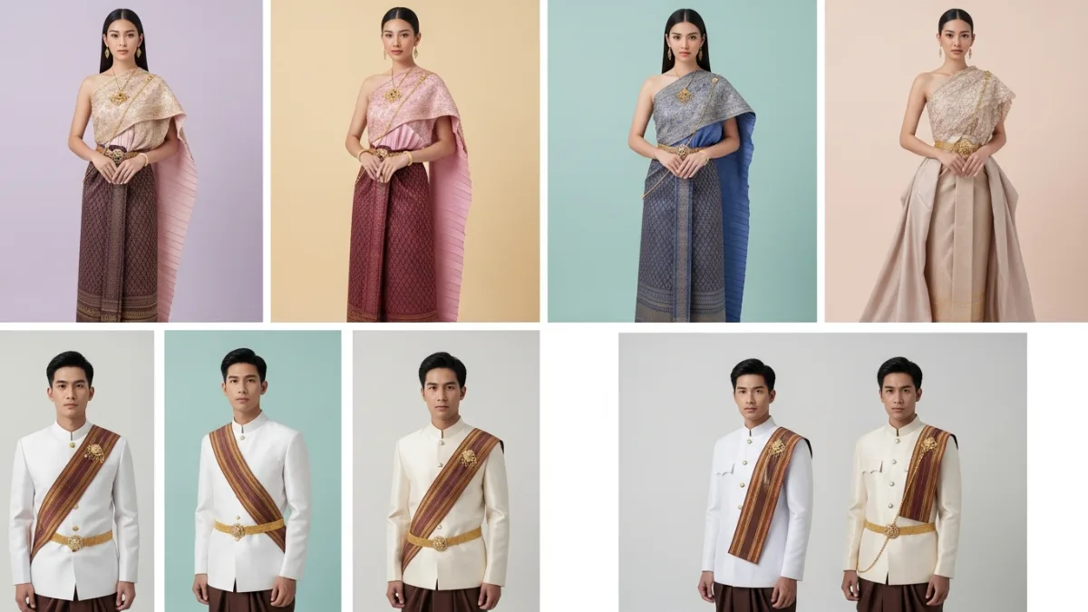 Composite image showcasing Gemini AI Thai fashion prompts with traditional and modern Thai dress styles for men and women.