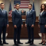 Composite image of male and female attorneys in professional courtroom outfits generated using US courtroom attorney outfit Google Gemini AI prompts 2025, displaying formal suits in a realistic courtroom environment.
