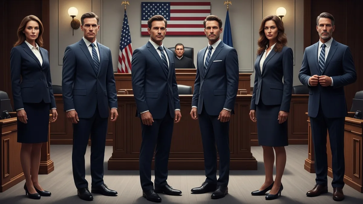 Composite image of male and female attorneys in professional courtroom outfits generated using US courtroom attorney outfit Google Gemini AI prompts 2025, displaying formal suits in a realistic courtroom environment.