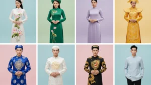 Vietnam traditional dress prompts composite showing 8 áo dài outfits for men and women in a two-row grid.