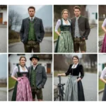 Traditional German fashion prompts — AI Bavarian outfits grid featuring men and women in lederhosen and dirndl dresses