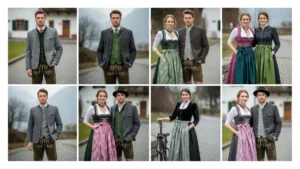 Traditional German fashion prompts — AI Bavarian outfits grid featuring men and women in lederhosen and dirndl dresses