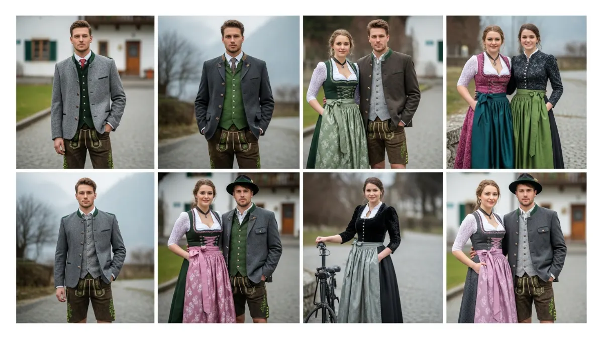 Traditional German fashion prompts — AI Bavarian outfits grid featuring men and women in lederhosen and dirndl dresses