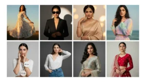 Google Gemini AI photo editing prompts for girls displayed through an ultra-realistic fashion collage featuring multiple outfits and cinematic portraits