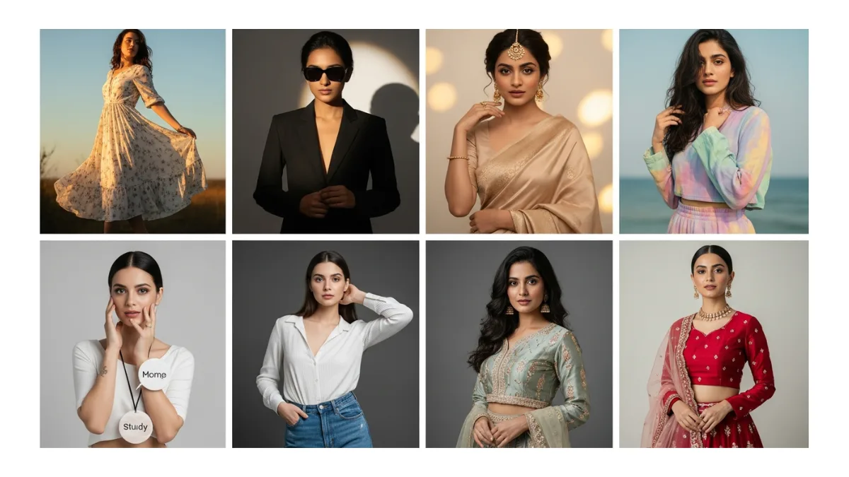 Google Gemini AI photo editing prompts for girls displayed through an ultra-realistic fashion collage featuring multiple outfits and cinematic portraits